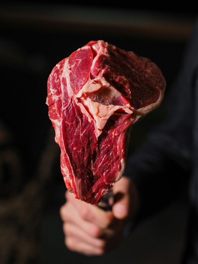 Fresh marbled beef steak being held, showcasing rich texture and red meat details.